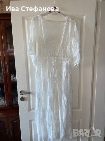 Нова ефирна плажна бяла памучна памук дантелена наметка плажна дълга риза кафтан плажна дълга рокля, снимка 3 - Туники - 41610284