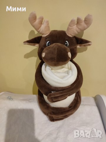 Одеяло с плюшена играчка Evolt, Плюшен елен, Полар, 120 x 80см, Бял/Кафяв, снимка 2 - Спално бельо и завивки - 41841780