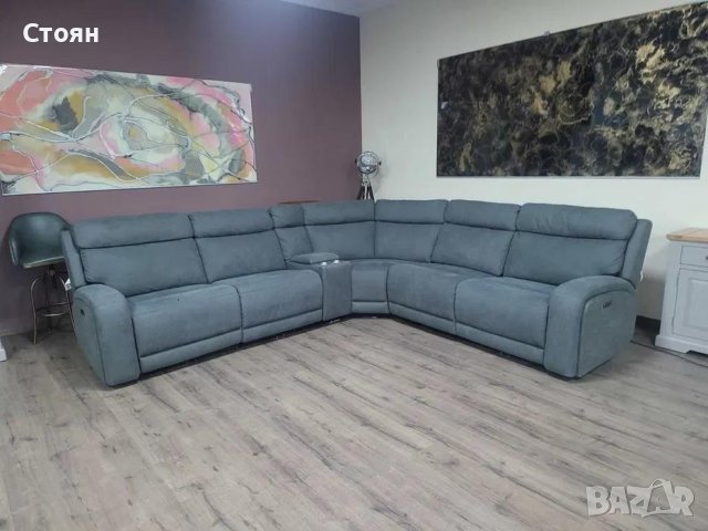 ПРОМОЦИЯ !!! Сив ъглов диван от плат с електрически релаксиращ механизъм, снимка 1 - Дивани и мека мебел - 44342839