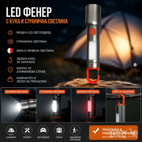 LED фенер с кука и кабел за зареждане, снимка 3 - Аксесоари и консумативи - 55865276