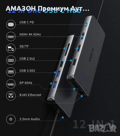 MOKiN 12в1 USB-C докинг станция за два монитора/100W PD/троен USB C хъб с 2 HDMI/DisplayPort/Gigabit, снимка 2 - Кабели и адаптери - 50737159
