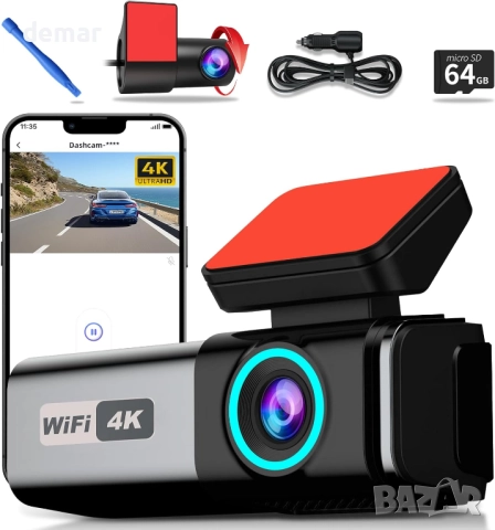 Камера за автомобил отпред и отзад, 4K + 1080P двойна камера, карта 64GB, 5GHz WiFi