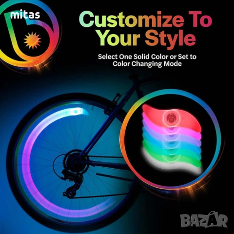 Многоцветна LED светлина за спици на велосипед, Водоустойчива, 12.5 см, снимка 5 - Аксесоари за велосипеди - 52282796