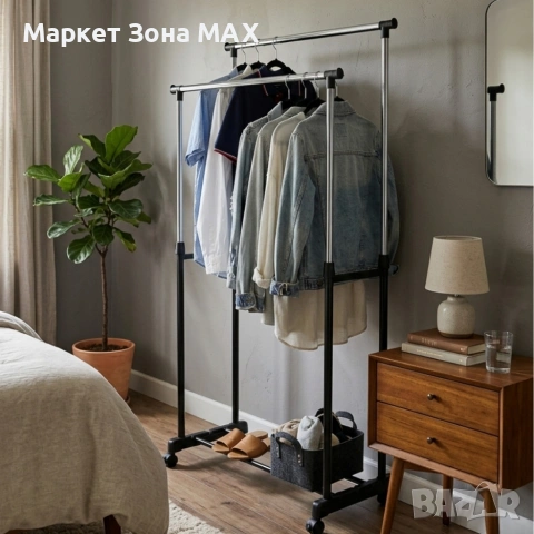 Двойна стойка за дрехи на колела - лесно преместване и повече място за дрехи, снимка 7 - Декорация за дома - 53863091