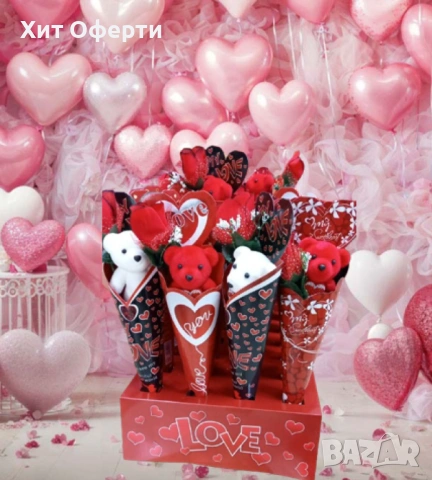 Романтичен букет с плюшено мече и роза, снимка 2 - Романтични подаръци - 53089787
