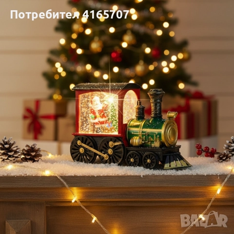 Коледна декоративна композиция „Влакът на Дядо Коледа“ с LED светлина, вода и брокат