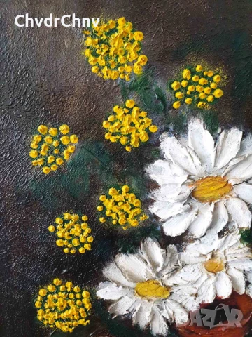 70х60см/голяма стара картина масло върху платно/натюрморт ваза с цветя/маргаритки/дървена рамка, снимка 5 - Картини - 51357434