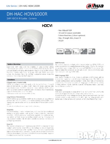 DAHUA HAC-HDW1000R 0280 1 Мегапикселова 4в1 Камера с HD-CVI, HD-AHD, HD-TVI или CVBS Аналогов Режим, снимка 2 - HD камери - 41529021