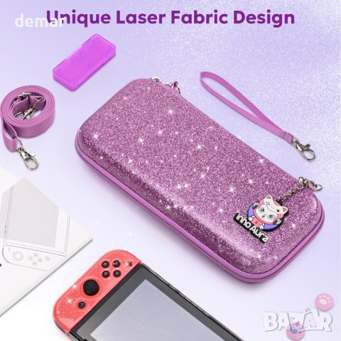 Комплект аксесоари 16 в 1 за Switch innoAura с лъскав преносим калъф (лилаво с пайети), снимка 5 - Аксесоари - 44165701