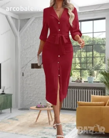 Дамска едноцветна работна рокля с ревер и колан, 9цвята , снимка 9 - Рокли - 48507913