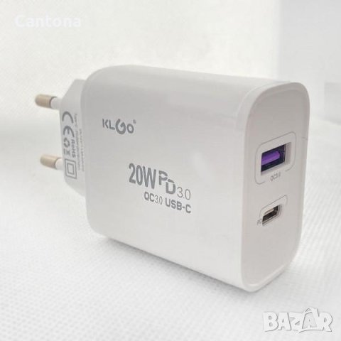 20 W адаптер за бързо зареждане KLGO PD-300, USB-A/USB-C, FAST CHARGING, снимка 2 - Оригинални зарядни - 42285256