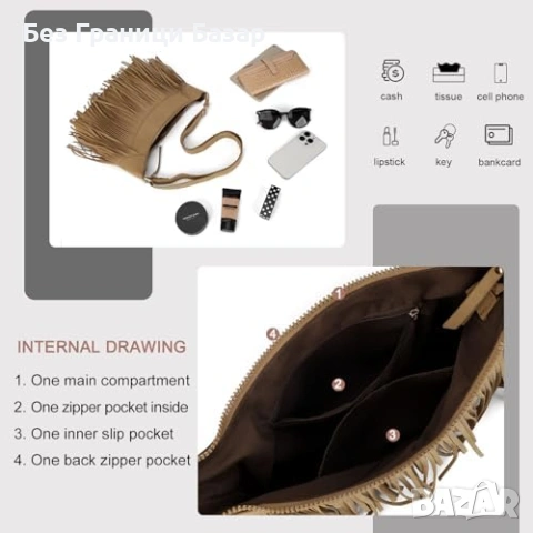 Нова Кросбоди дамска чанта с ресни еко велур регулируема в бохо стил , снимка 4 - Чанти - 53817574