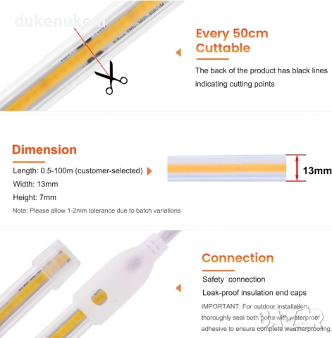 COB LED лента XUNATA 220V, 2 м, 360 LED/m, IP65, естествена светлина 4000K, снимка 4 - Лед осветление - 52652073
