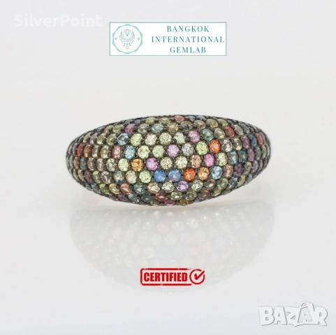 Сребърен пръстен с цветни Сапфири от Шри Ланка и сертификат 