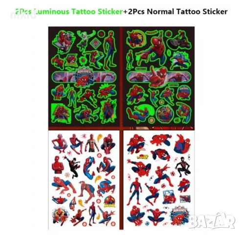 4 вида Спайдърмен Spiderman светещи лист Tattoo татос татуировка временна детска татоси татуси