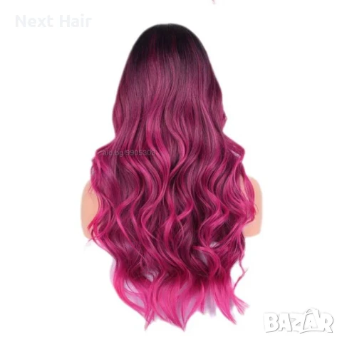 Омбре перука розово червена циклама с черни корени и бретон, снимка 3 - Аксесоари за коса - 51086945