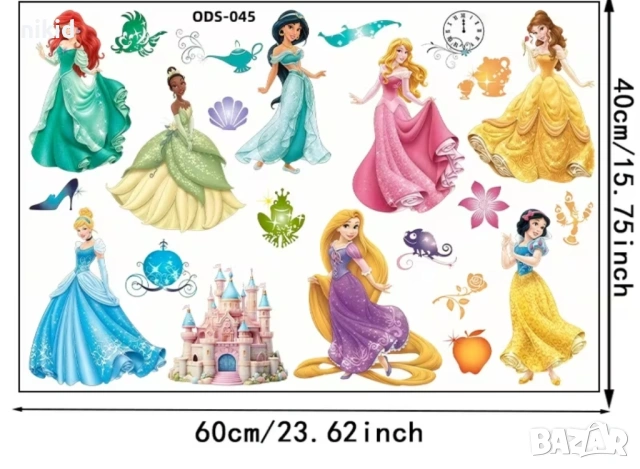 8 принцеси Белл Пепеляшка Ариел Рапунцел Жасмин Снежанка Аврора стикер лепенка за стена детска стая , снимка 5 - Други - 21158844
