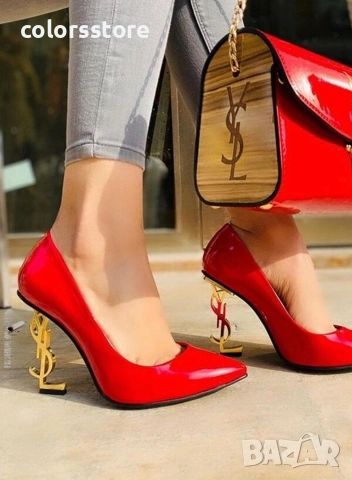 Обувки на ток - червен лак със златист ток - Y1L 