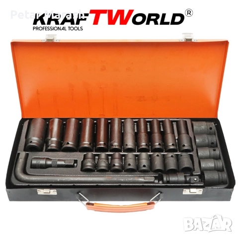 Комплект ударни вложки 27 части KraftWorld – 1/2″, с удължител и ударен кардан