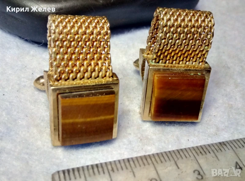 ЛУКСОЗНИ СКЪПОЦЕННИ ПОЗЛАТЕНИ БУТОНЕЛИ КОПЧЕТА За РЪКАВЕЛИ с ШЛИФОВАНО ТИГРОВО ОКО 48620, снимка 1