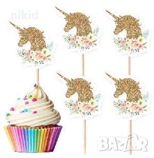 10 бр Еднорог Unicorn Златни топери клечки за мъфини декорация и украса, снимка 1