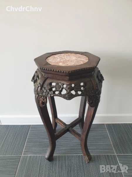 62см конзолна маса дърворезба-мрамор/дървена масичка-пиедестал-поставка за саксия, снимка 1