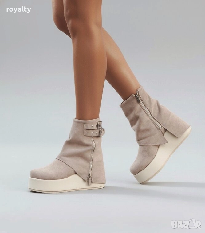 Боти на платформа - бежов велур, снимка 1