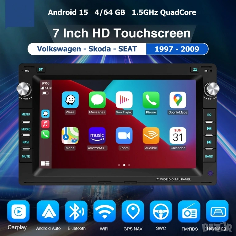 7” 2-DIN за VW-SEAT-Skoda с Android 15, 4/64GB 1997-2009 , снимка 1