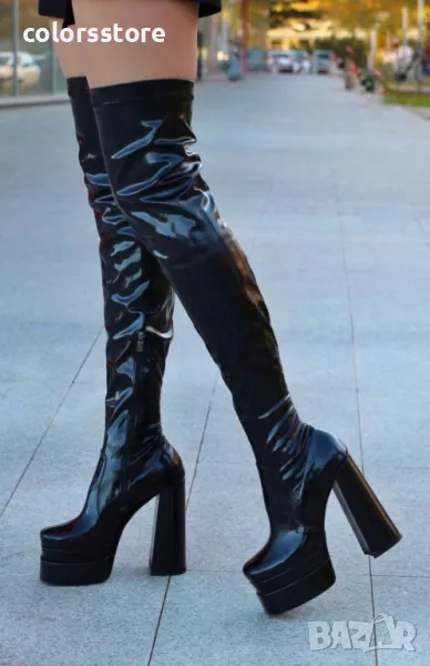 Чизми на ток - черен лак - VSB1, снимка 1