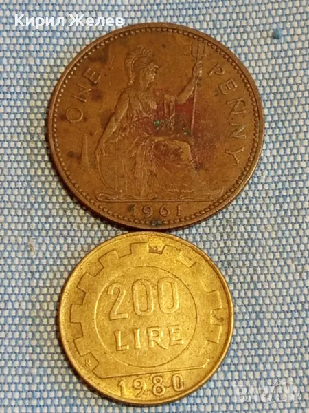 Две монети 1 пени 1961г. Англия - 200 лири 1980г. Италия редки за КОЛЕКЦИЯ 39778, снимка 1
