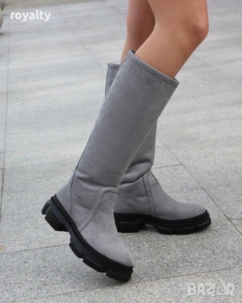 Равни ботуши - сив велур - BMK10, снимка 1