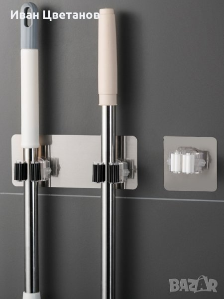 Двоен държач за мопове, четки и други, за монтаж на стена - бял!, снимка 1