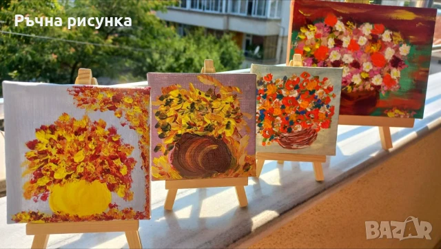 Малки рисувани картини с природа и море със статив , снимка 5 - Декорация за дома - 44423656