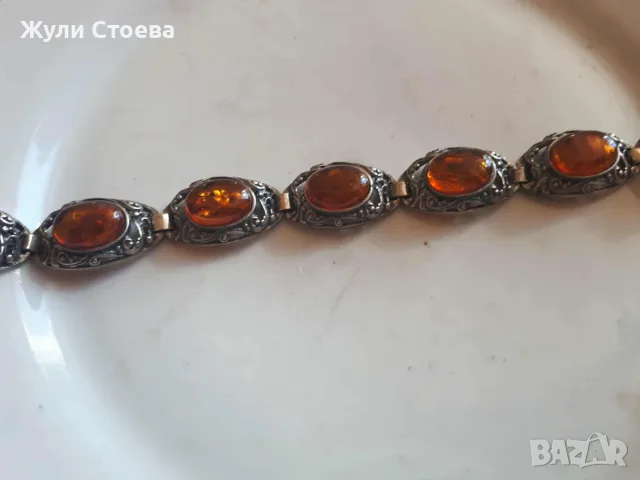 Масивна сребърна гривна с естествен кехлибар, снимка 9 - Гривни - 56231480