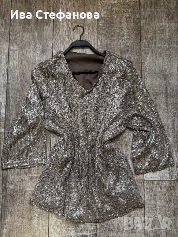 Парти блестяща официална коктейлна блуза туника  златни сребърни пайети, снимка 4 - Блузи с дълъг ръкав и пуловери - 52483382