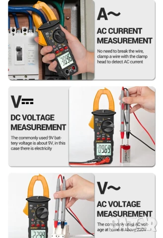 Цифров мултицет, клещи, волтметър, амперметър, мултиметър, AC DC напрежение, AC ток NCV тестер, снимка 5 - Друга електроника - 50640445