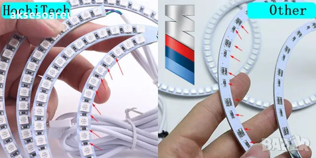 Ангелски очи многоцветни RGB LED Фарове Angel Eyes DRL за кола пръстени 2x131 и 2x146 mm рингове , снимка 5 - Аксесоари и консумативи - 48038627