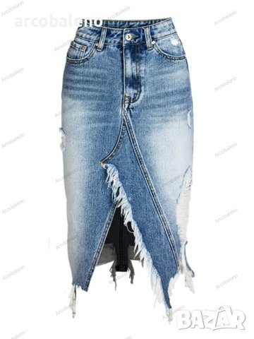 Дамска дънкова миди пола с неравномерни ресни, повдигаща дупето, снимка 7 - Поли - 40159938