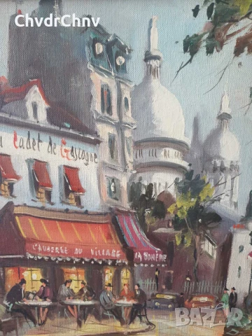 54х46см/малка стара картина масло върху платно/градски пейзаж/френско кафене/дървена рамка, снимка 6 - Картини - 51192662