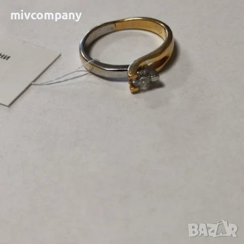 Златен пръстен с диамант 3.28гр.14к(бяло и жълто злато) със сертификат , снимка 2 - Пръстени - 51184498