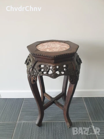 62см конзолна маса дърворезба-мрамор/дървена масичка-пиедестал-поставка за саксия