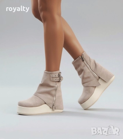 Боти на платформа - бежов велур