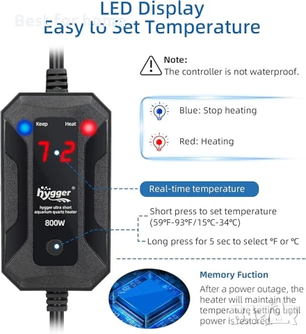 hygger 100W кварцов нагревател за аквариум с LED дигитален дисплей, снимка 3 - Аквариуми - 50916788