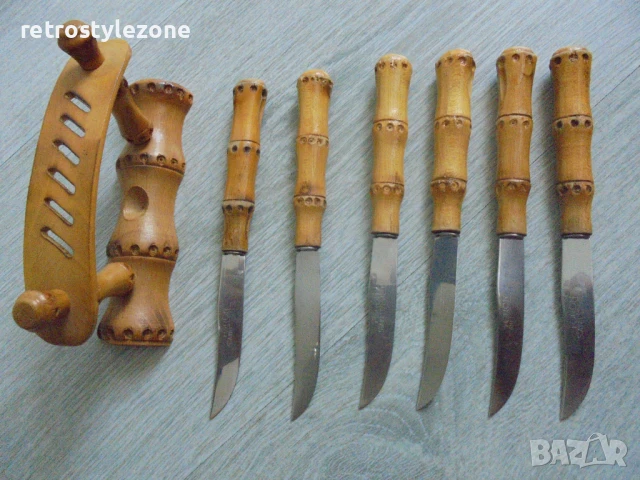 № 8155 Стар комплект ножчета FORON с бамбукови дръжки и стойка  , снимка 3 - Други ценни предмети - 51120259