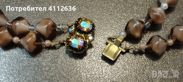 Двуредно винтидж колие от чешко стъкло в опушено кафяво, снимка 3 - Колиета, медальони, синджири - 53221412