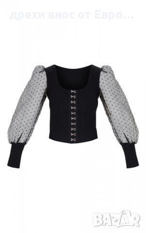 PrettyLittleThing черен топ тип корсет с органза ръкави XS, снимка 5 - Корсети, бюстиета, топове - 34293522