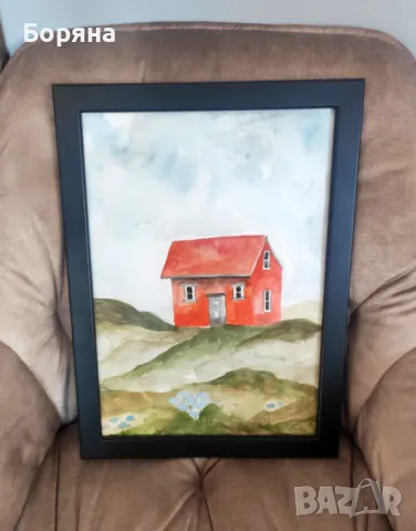 Нова картина с рамка ръчно рисувана акварел червена планинска къща, снимка 6 - Картини - 50139536