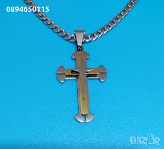 Солиден ланец с кръст сребърен, стомана цвят сребро и златен , снимка 1 - Колиета, медальони, синджири - 36013090