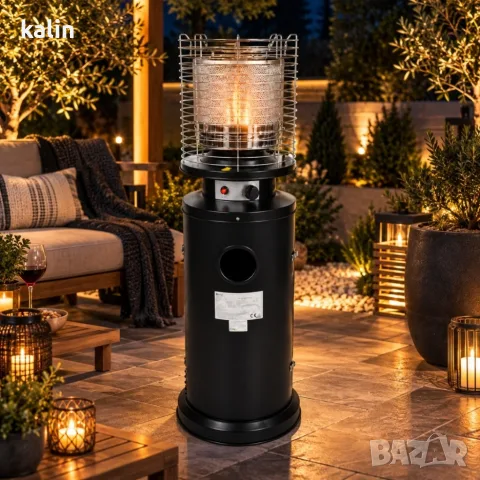 Газов градински отоплител 13 kW със защитна метална решетка, черен