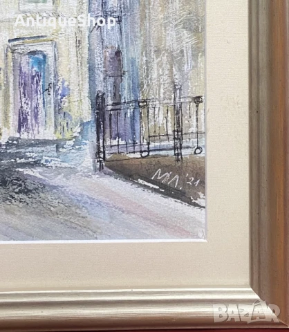 Картина, акварел, пейзаж, къщи, кафене, подписана, снимка 5 - Картини - 50454489